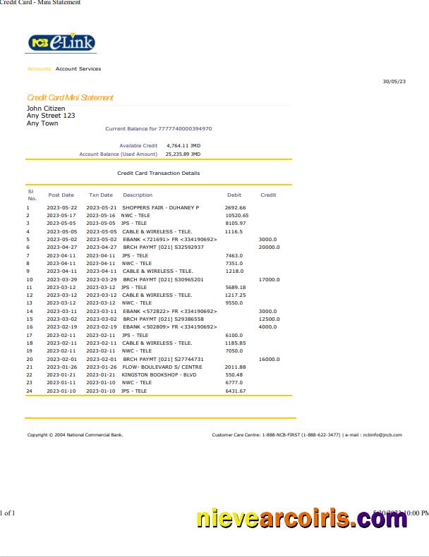 Jamaica National Commercial Bank statement Word and PDF